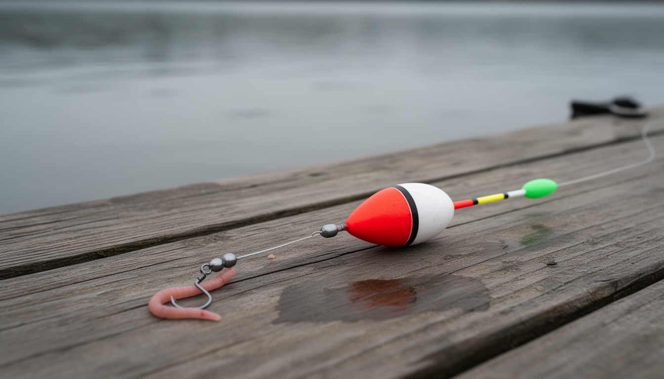 A bobber fishing rig with a nightcrawler on the hook, laid on a dock plank