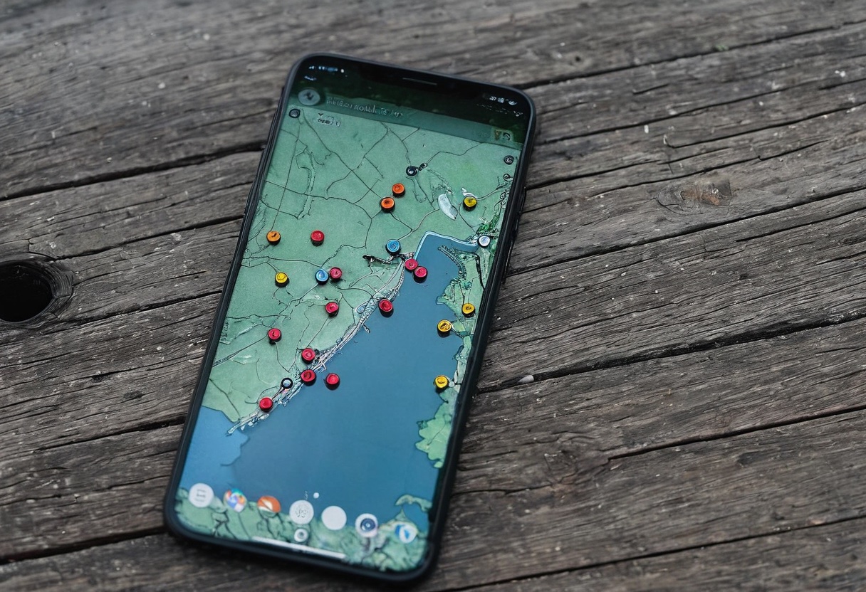 A phone map with fishing location pins and catch markers