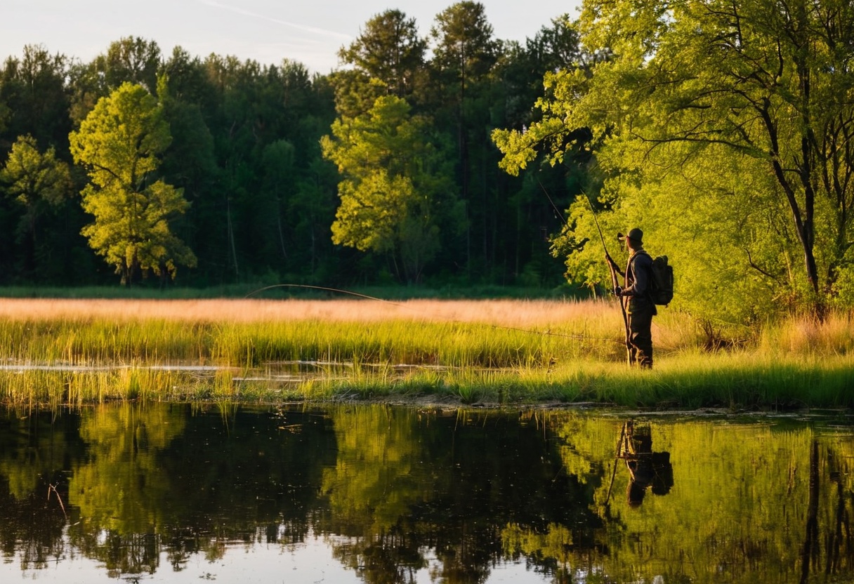Person fishing from a grassy lake bank with trees and calm water behind