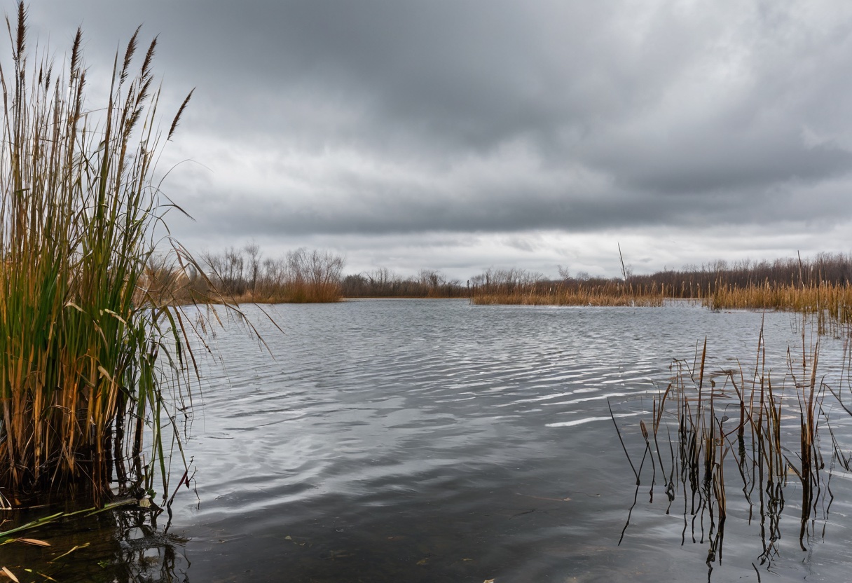 A lake on an overcast day with gentle waves creating small ripples along a grassy bank
