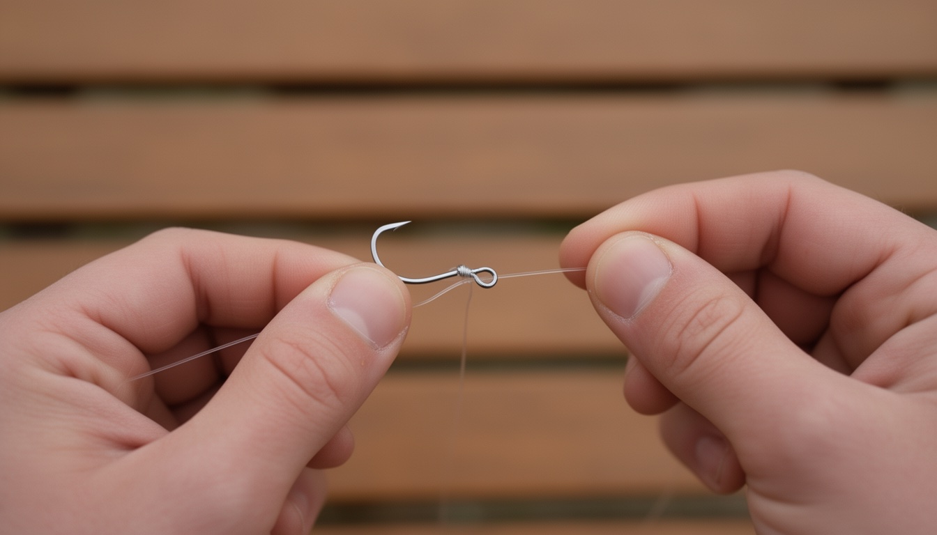 Hands tying an improved clinch knot onto a small fishing hook