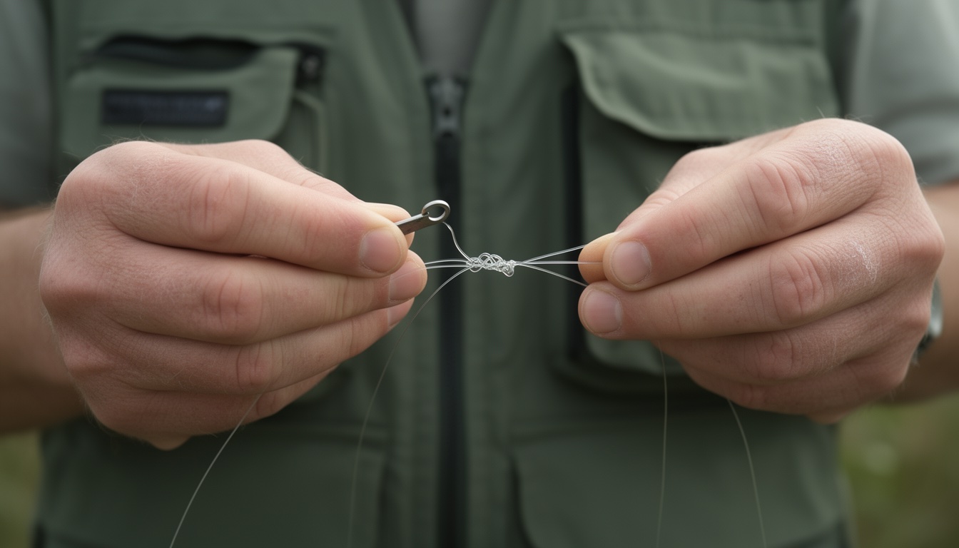Angler using needle tool to carefully pick apart a knot in fishing line decoding=