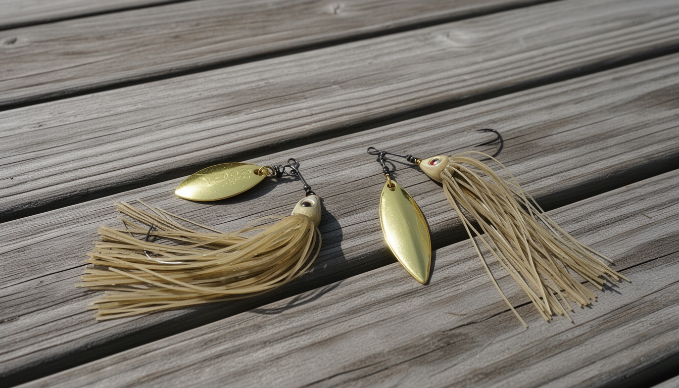 Colorado and willow leaf spinnerbait blades side by side on wooden dock
