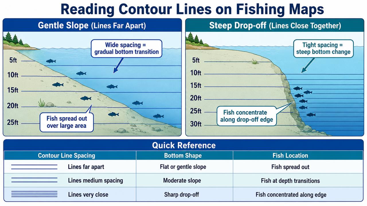 Diagram comparing steep and gentle underwater slopes shown through contour line spacing