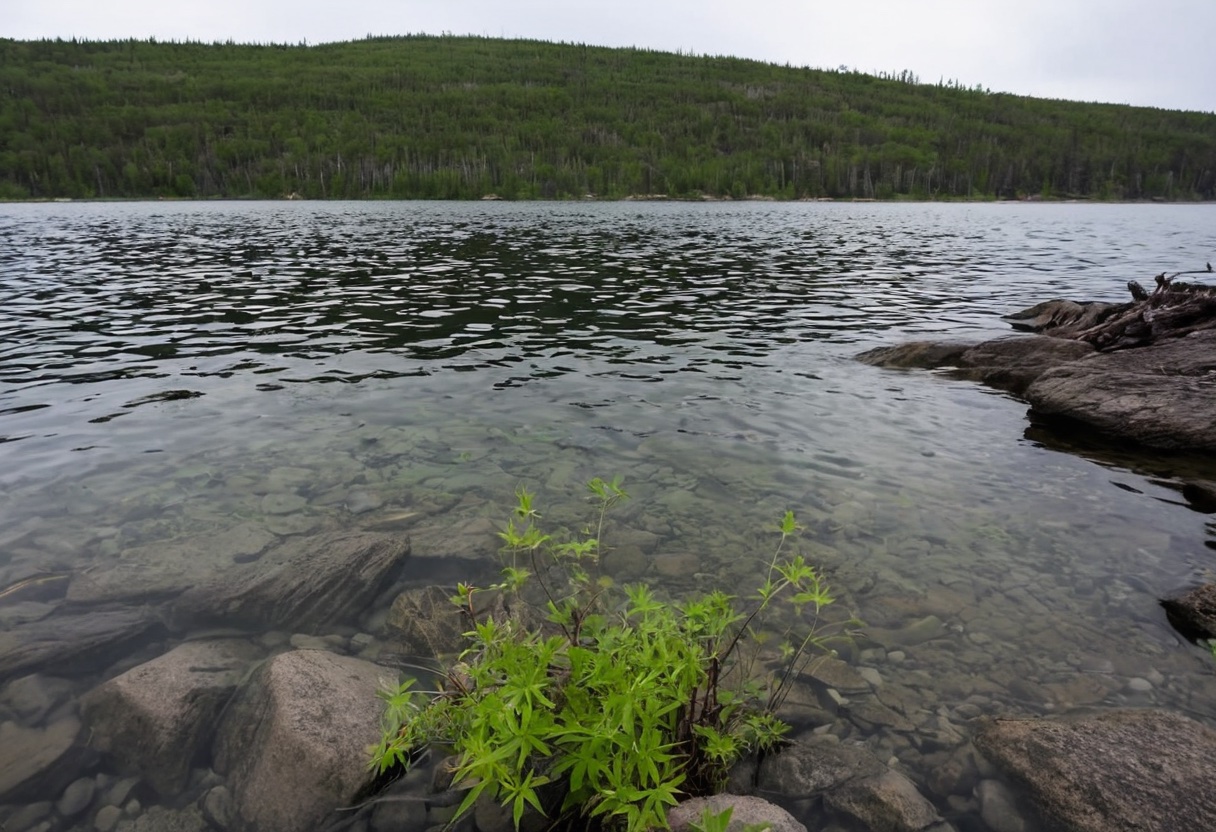 Rocky shoreline dropping into clear water where walleye hold near structure