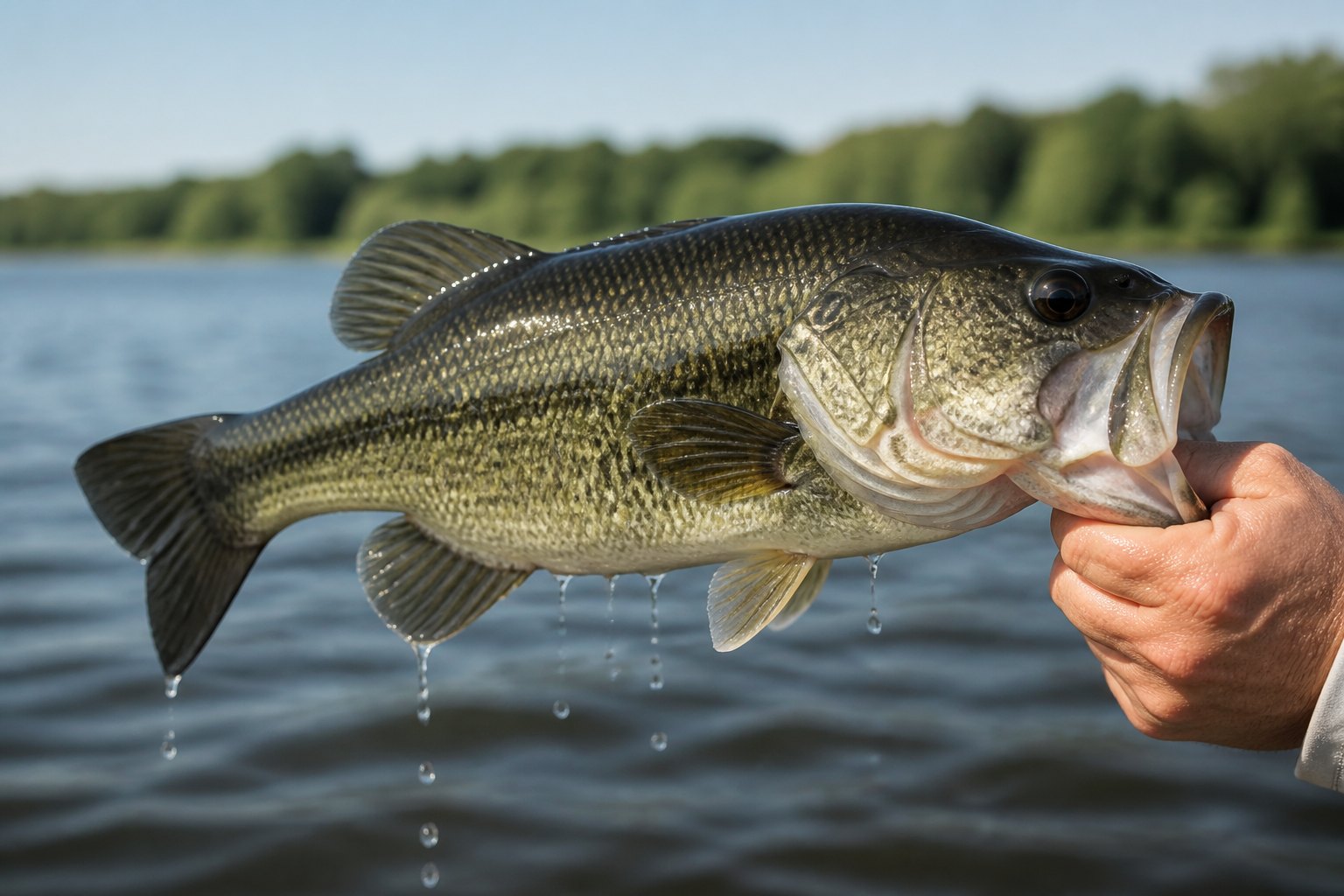 Largemouth bass held above water showing the dark lateral line and large mouth
