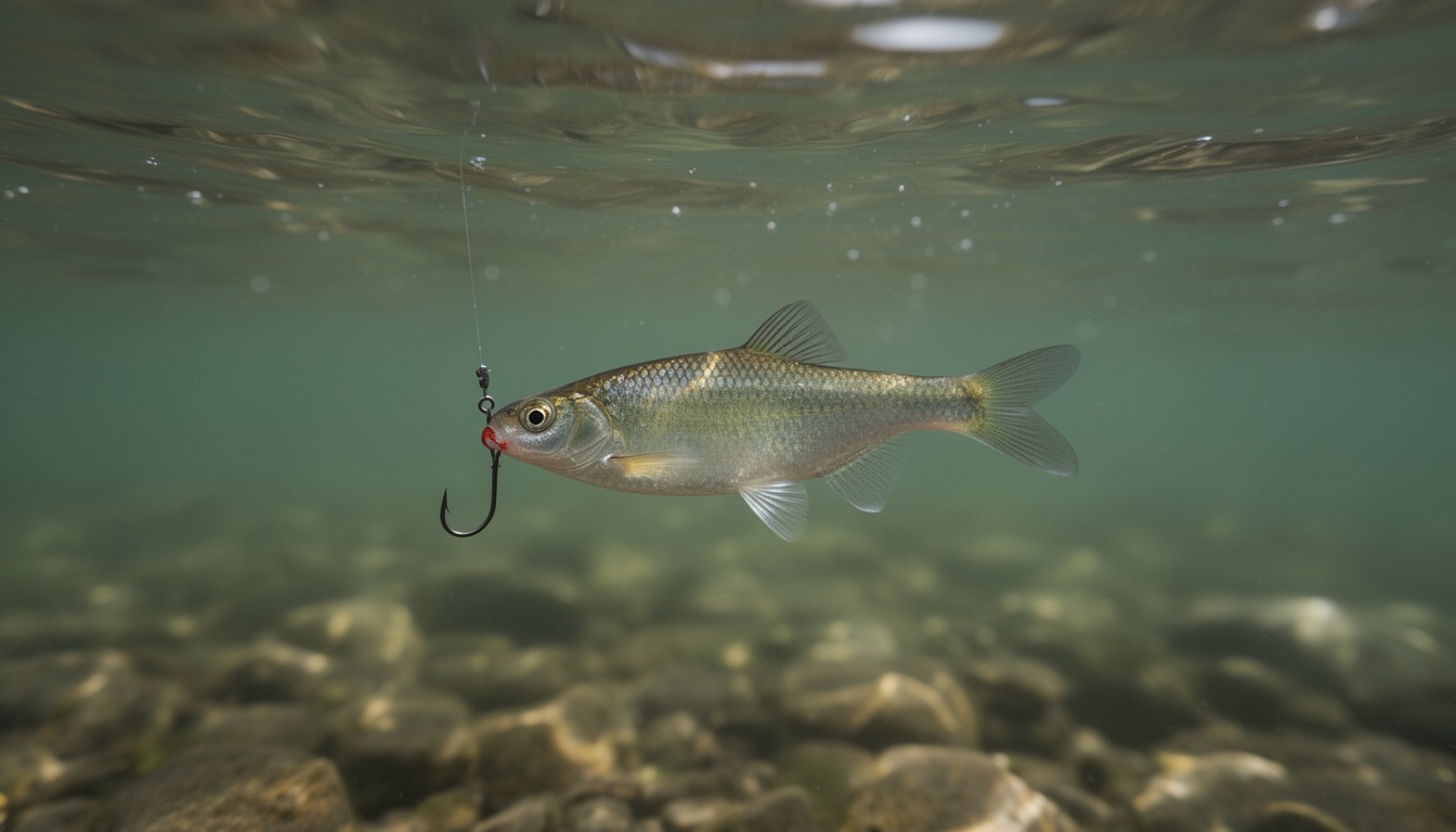 A live minnow hooked through the lips swimming naturally near the surface of a lake