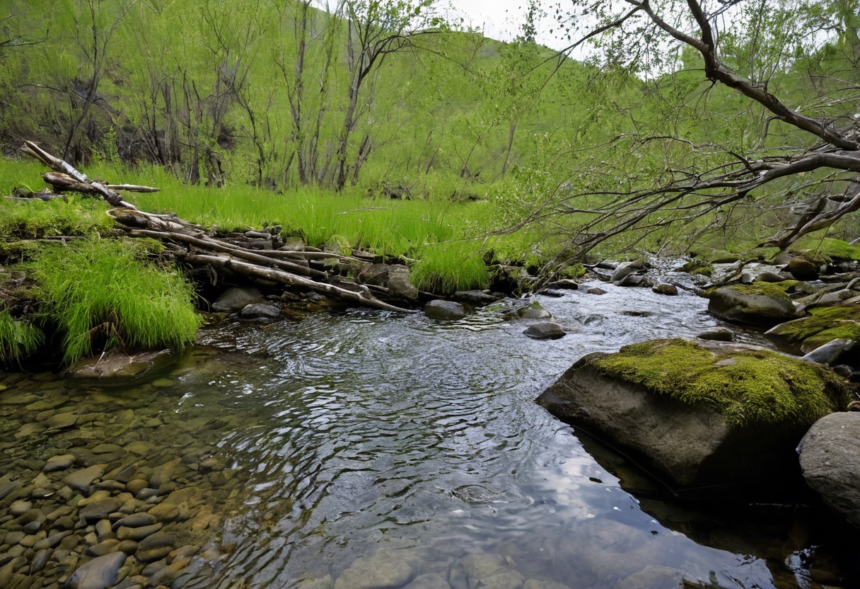 Creek bank showing rocks, pools, and overhanging vegetation that provide fish cover