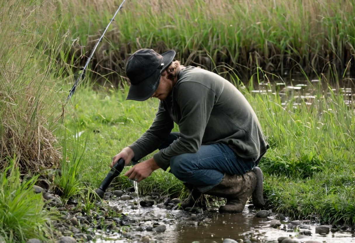Angler picking up litter at the edge of a fishing bank