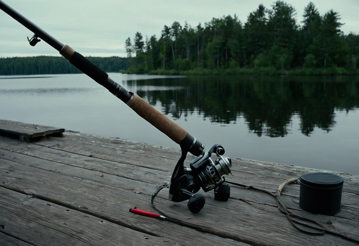 A light spinning rod and reel with an open tackle box on a dock