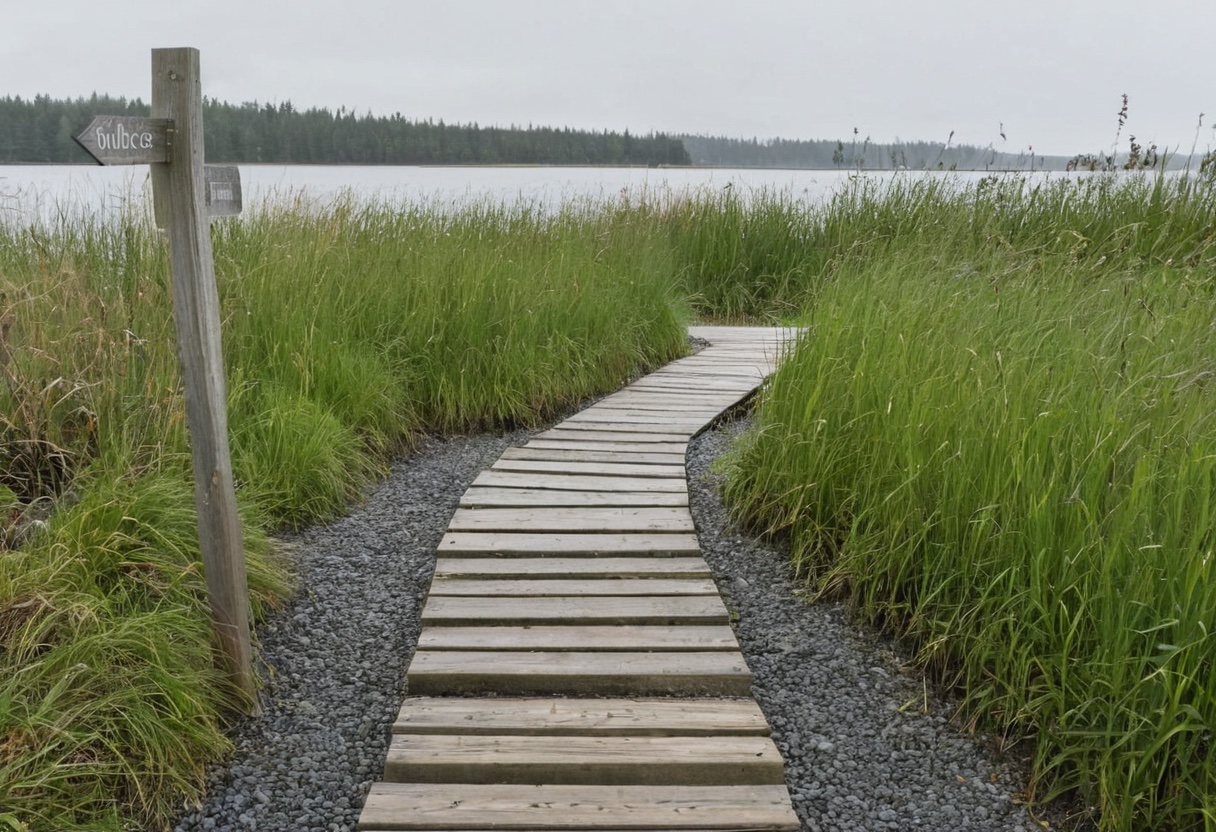A public access trailhead sign at the edge of a lake