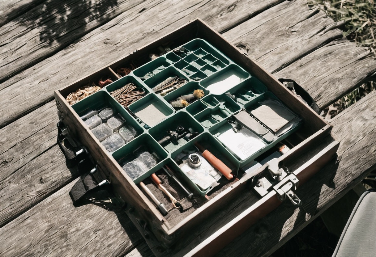 Open tackle box on a wooden picnic table with fishing hooks, sinkers, and bobbers arranged