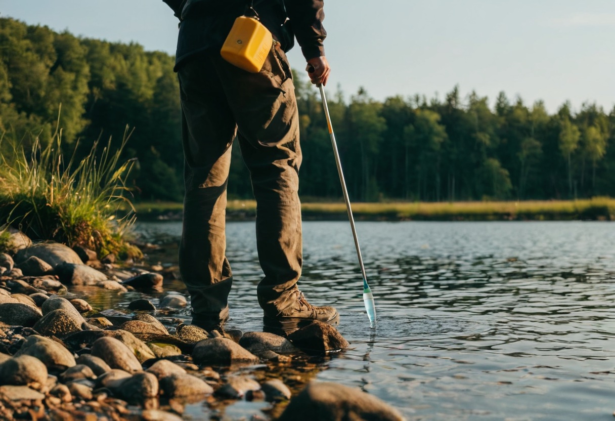 An angler checking water temperature with a simple thermometer at a lake bank
