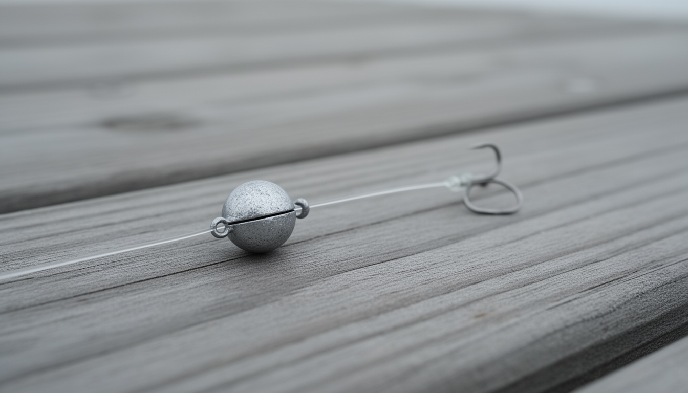 A split-shot sinker crimped on fishing line above a hook on a wooden dock
