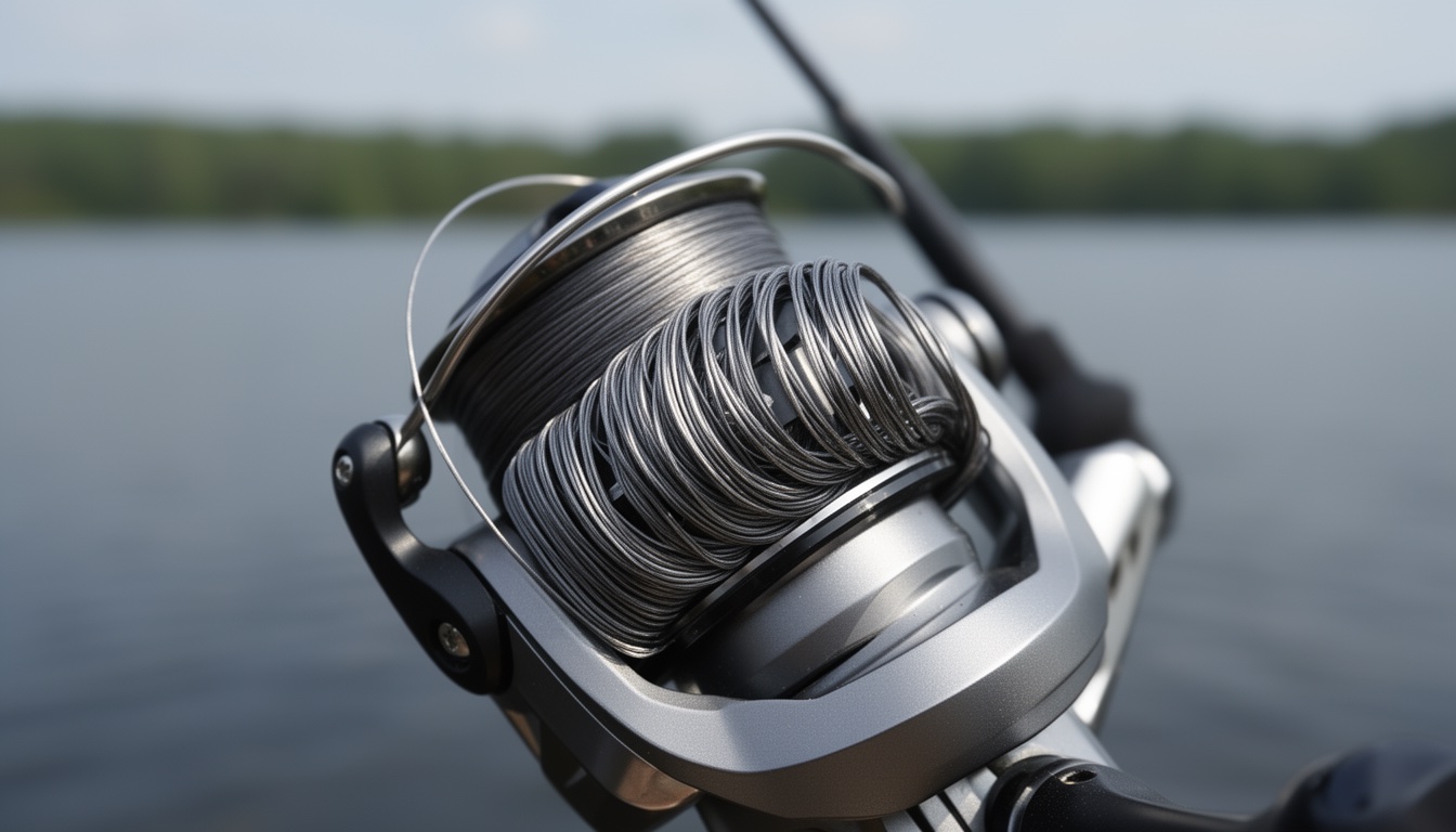 Twisted fishing line on a spinning reel spool showing spiral phone-cord pattern decoding=