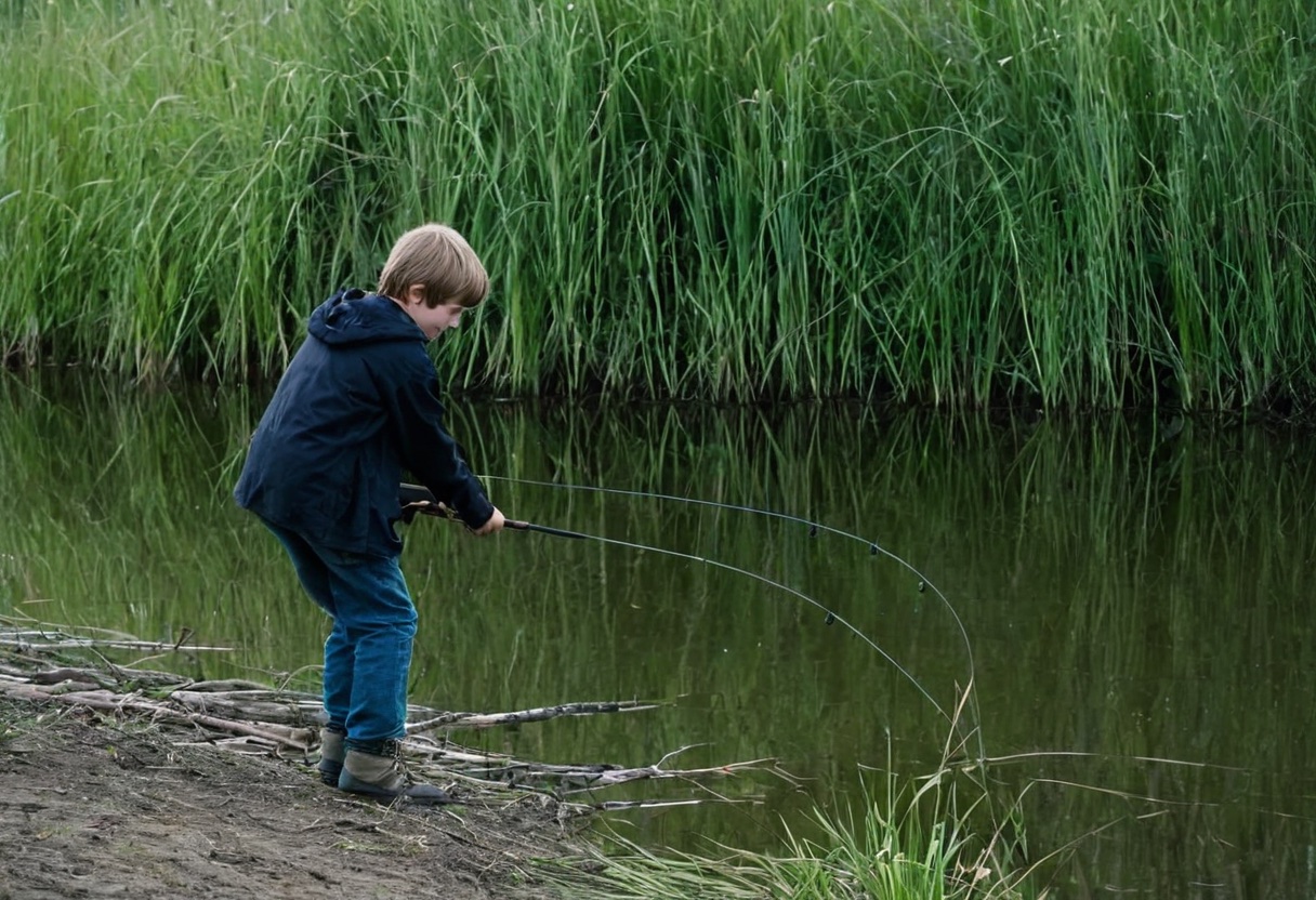 Angler standing on lake bank reeling in a spinnerbait