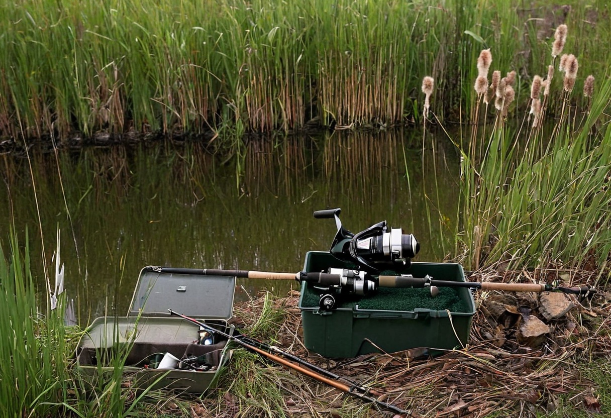 Medium-power spinning rod and reel combo on grassy lake bank