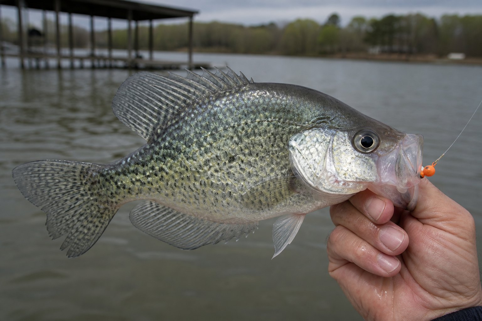Crappie caught on a small jig held above the water