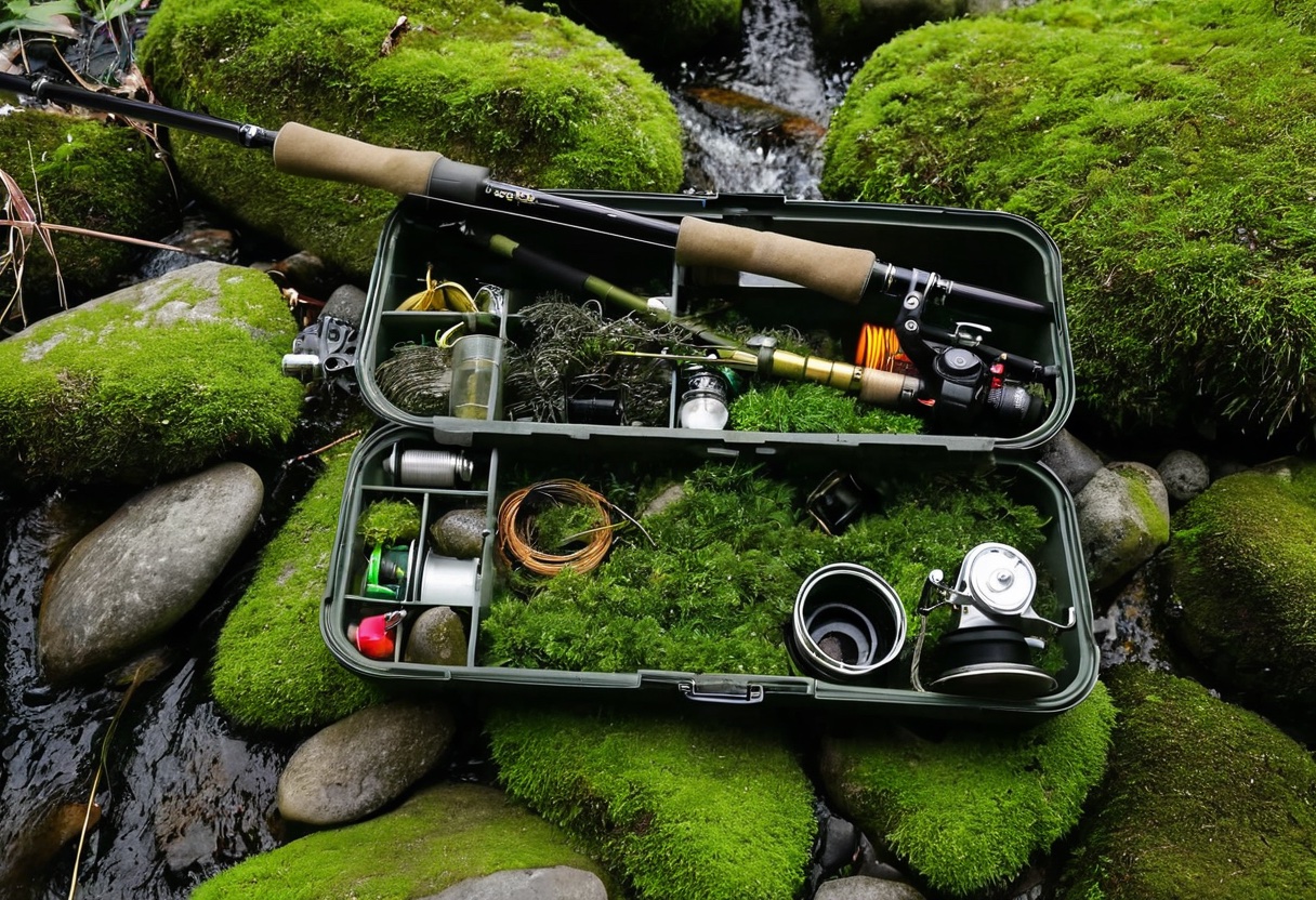 Ultralight spinning rod and reel setup on mossy creek rocks