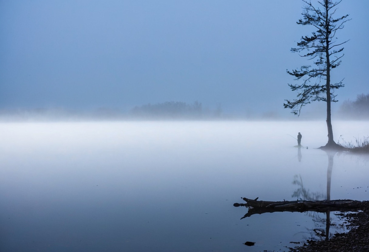 Single angler silhouette on a distant bank at first light