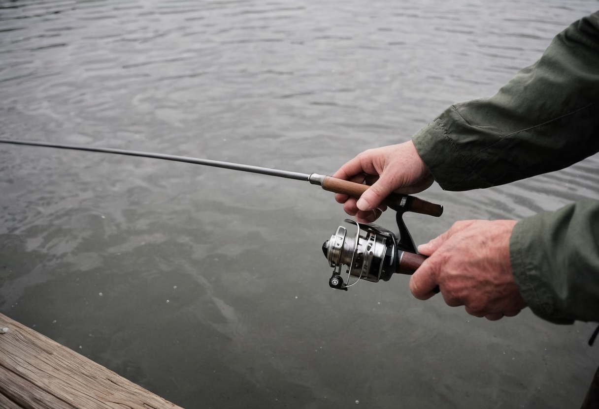 Hands slowly retrieving a spinning reel at the edge of a dock
