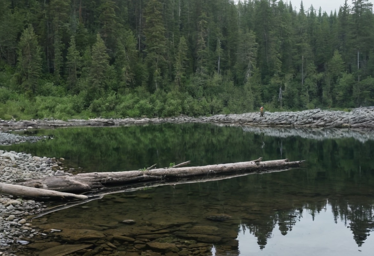 An angler pointing at cover and structure on a calm lake