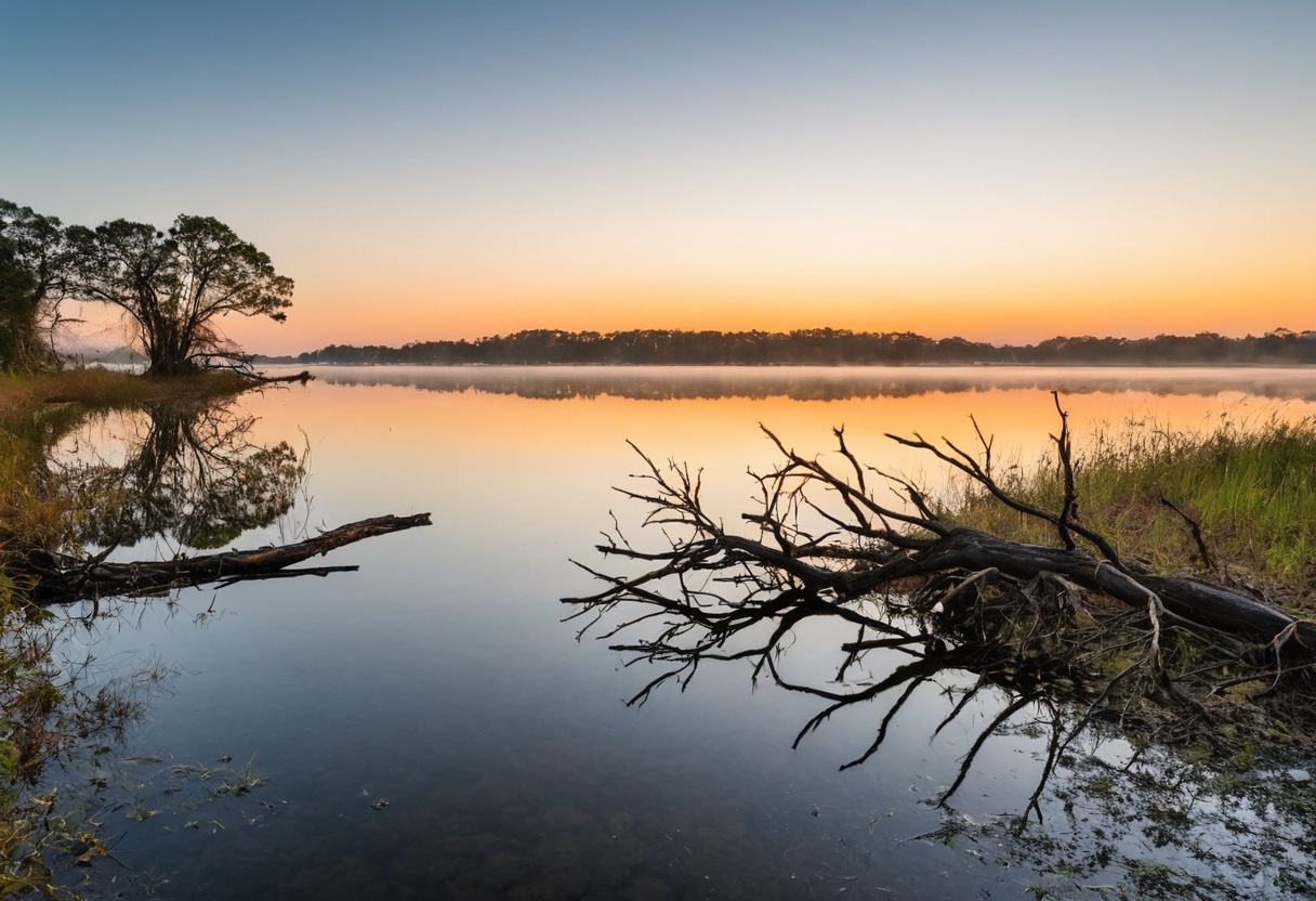 Golden sunrise over a calm lake with tree silhouettes and still water reflections