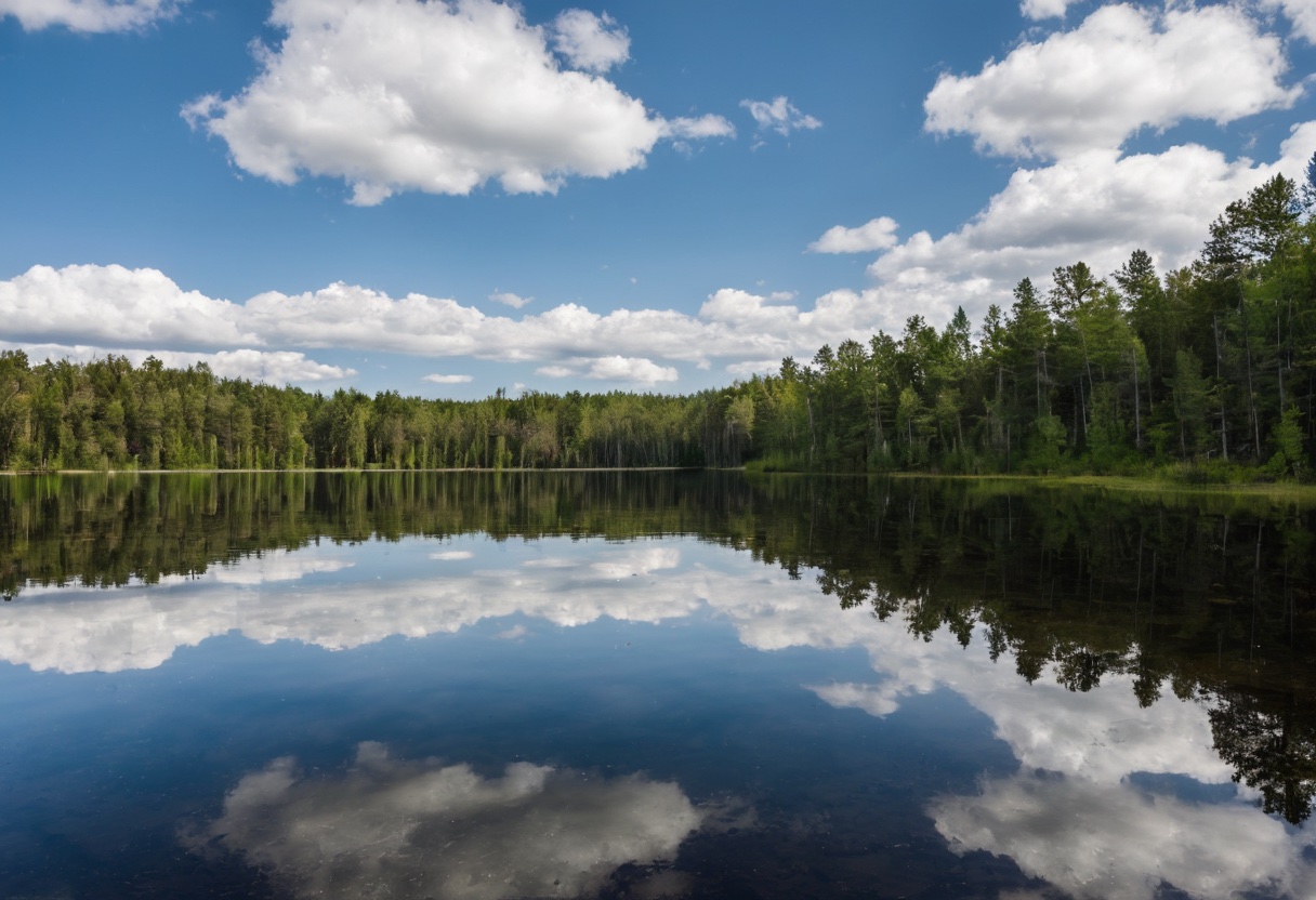 Partly cloudy sky reflected on the surface of a calm lake with distant shoreline