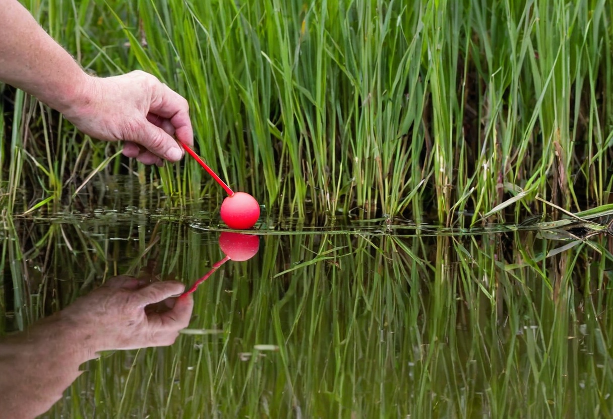 Hands sliding a red bobber onto fishing line near a pond