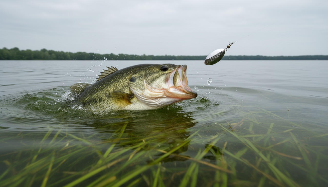 Largemouth bass striking a spinnerbait near aquatic vegetation