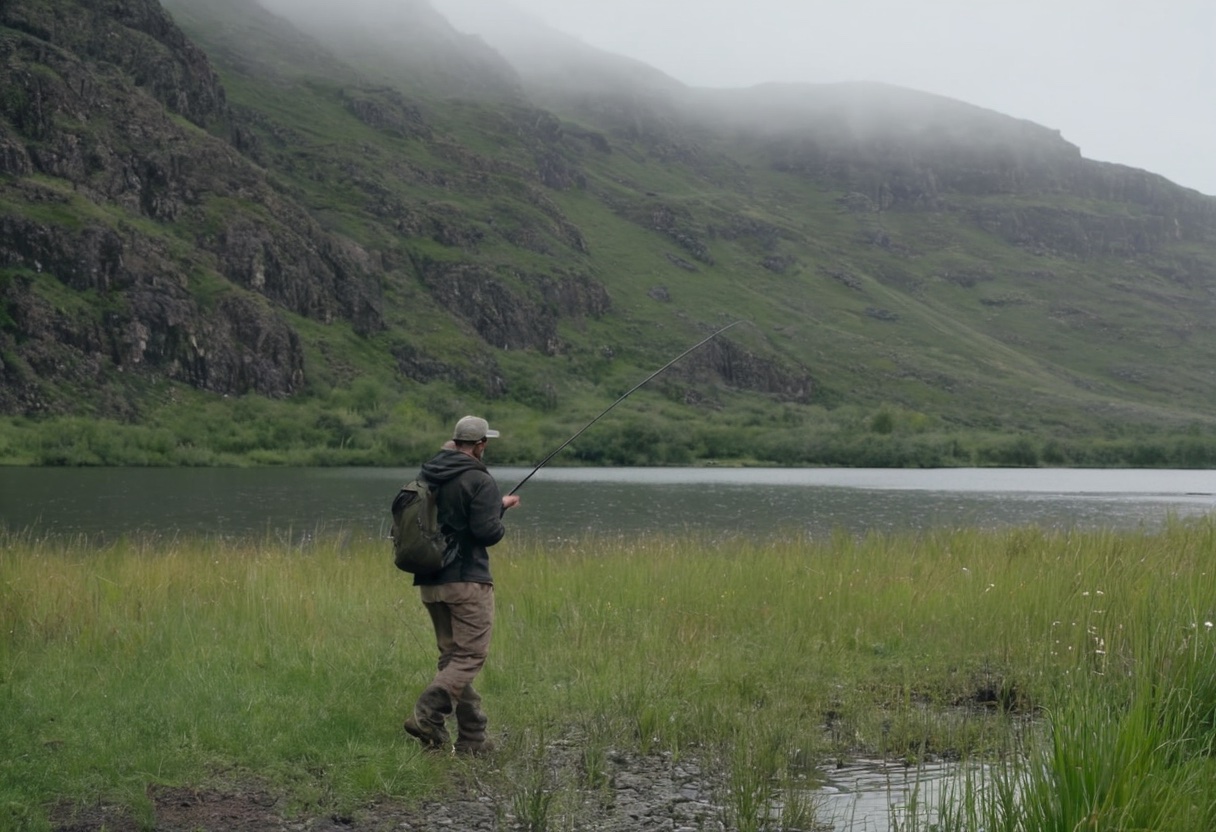 A beginner angler casting from a grassy bank toward visible water structure
