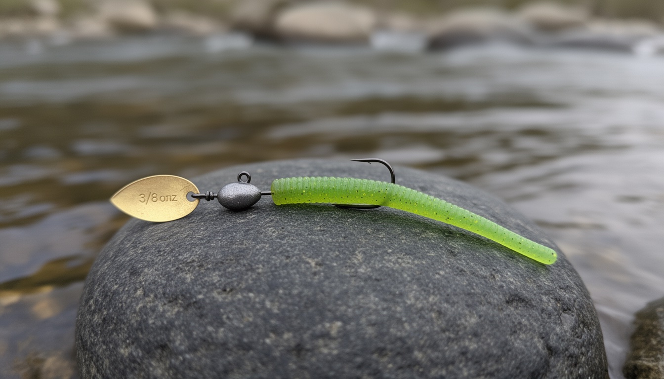 Walleye jig rigged with green pumpkin soft plastic tube on a river rock
