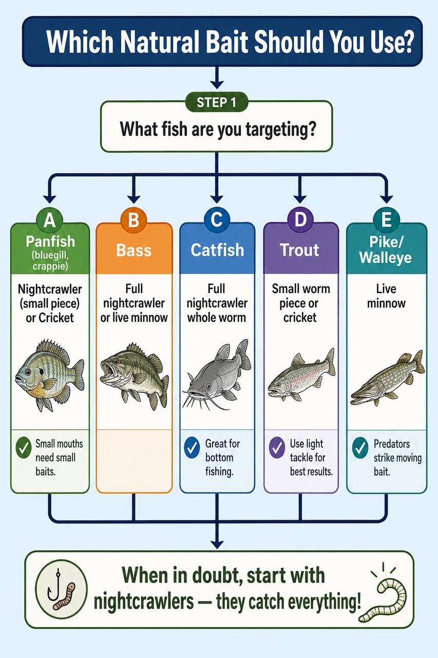 Flowchart showing which natural bait to use based on target fish species