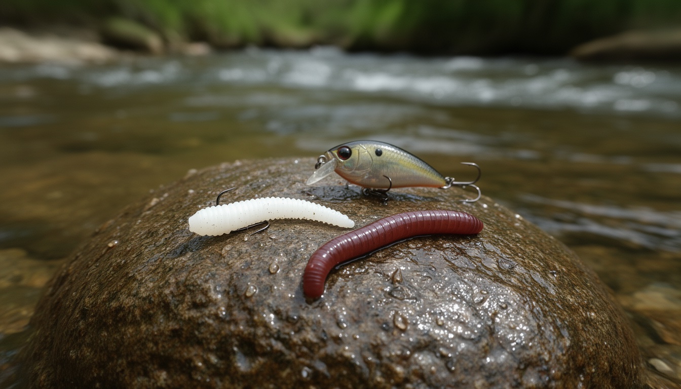 Small jig with grub and live worm on a creek rock for creek fishing