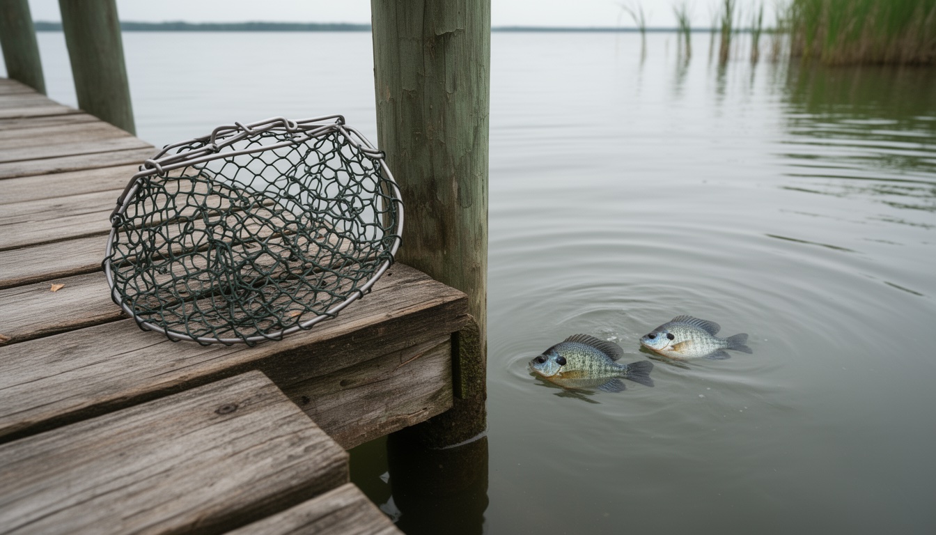 Two bluegill swimming back into the lake below a dock