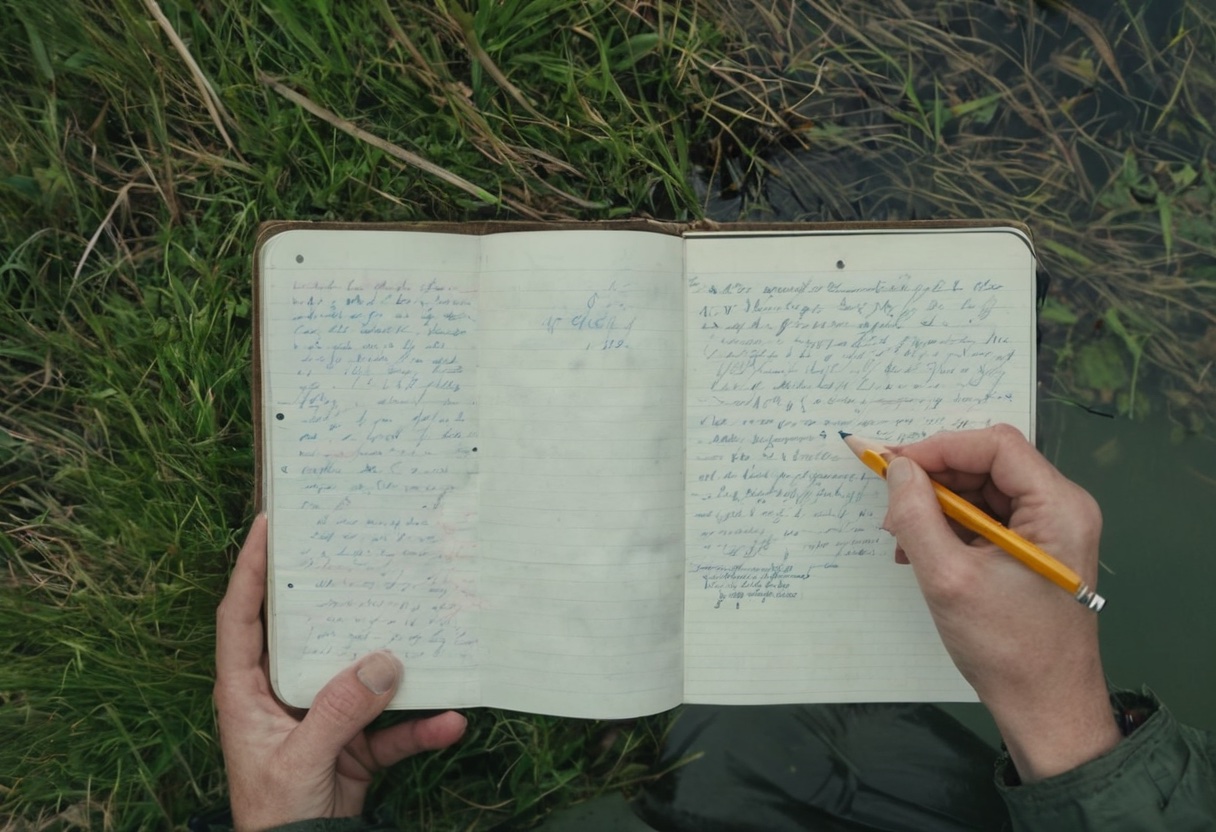 Hands writing a fishing spot list in a field notebook