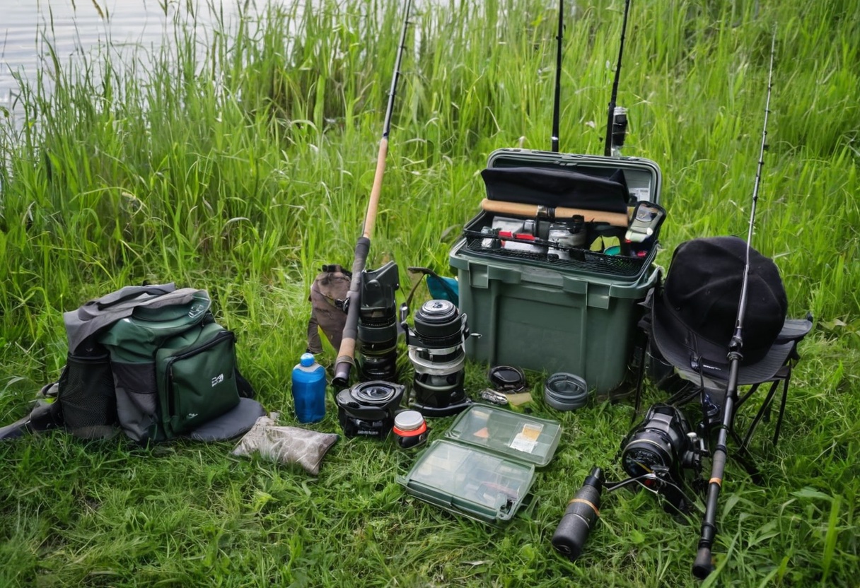 Fishing gear including rod, tackle box, cooler, and chair arranged on green grass at a lake