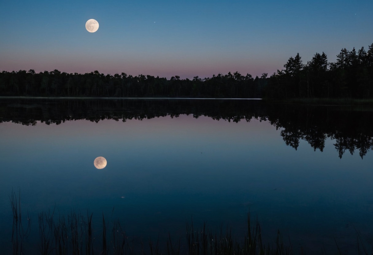 A full moon reflected on still lake water during twilight