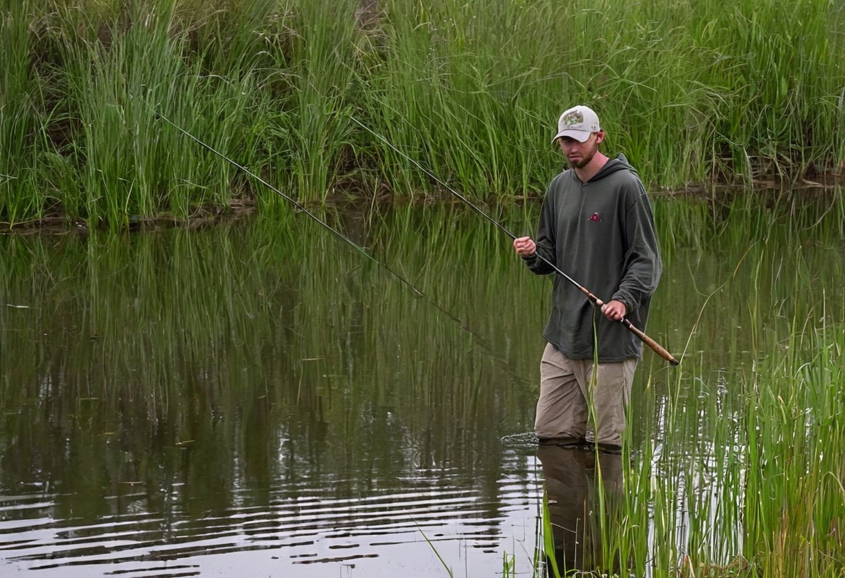 A beginner angler fishing from a grassy pond bank with a bobber on the water