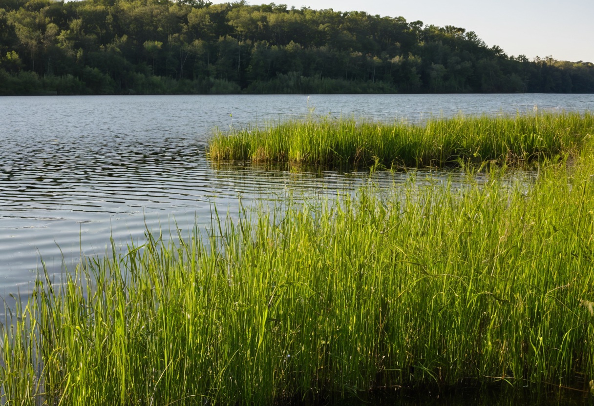 Grass edge and weed line along a lake shoreline where bass ambush baitfish