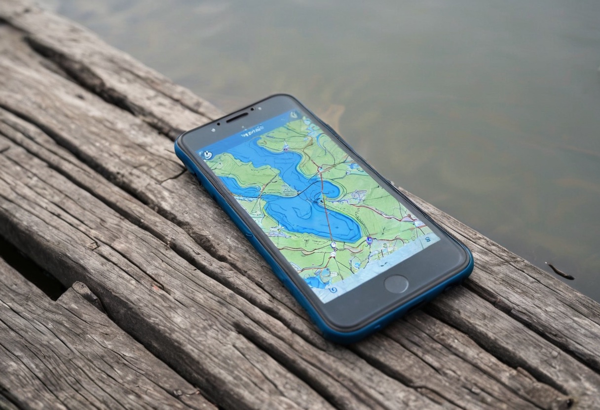 A smartphone displaying a fishing map application on a wooden dock