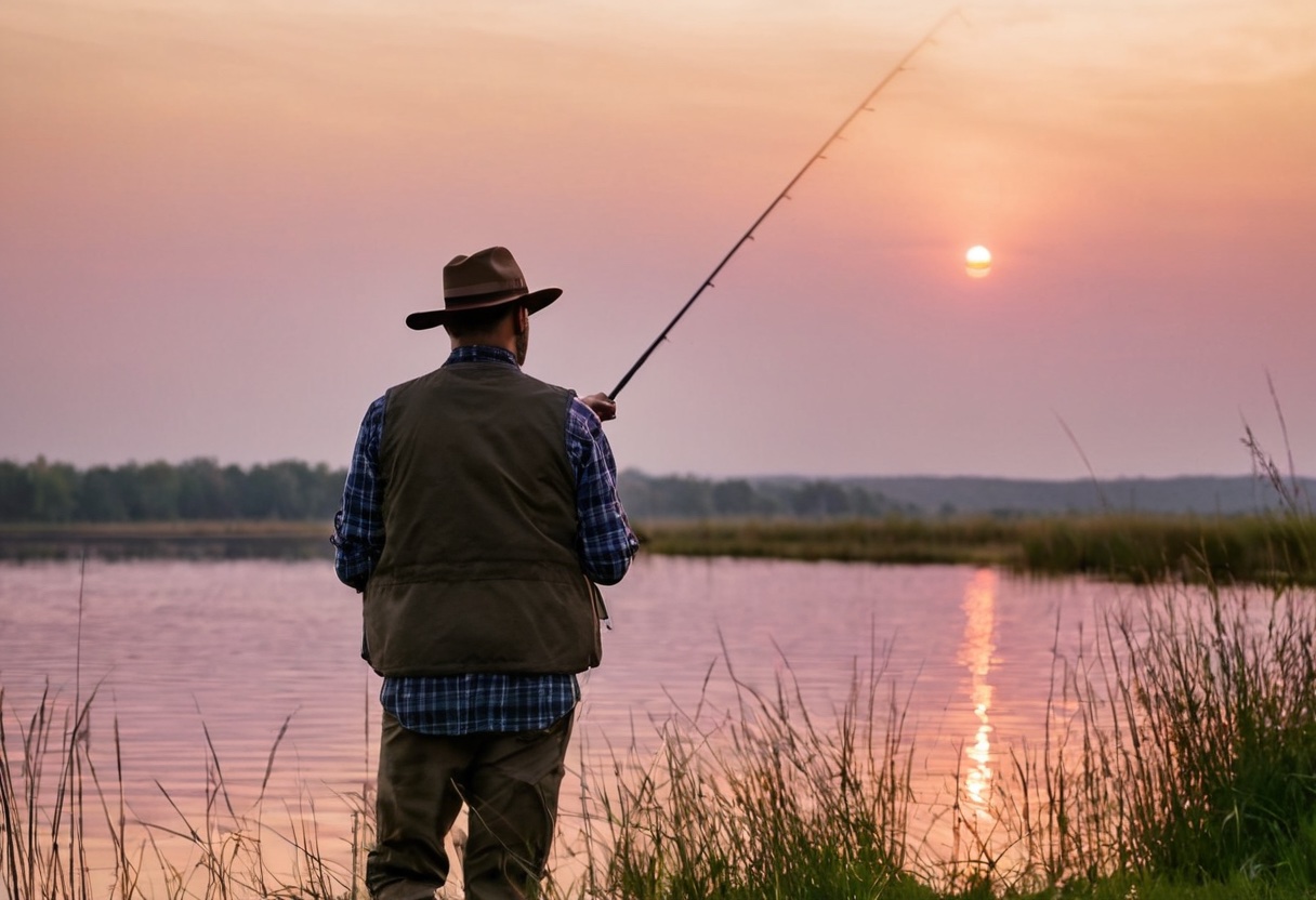 Angler in fishing vest casting a spinning rod from a lake bank at dusk