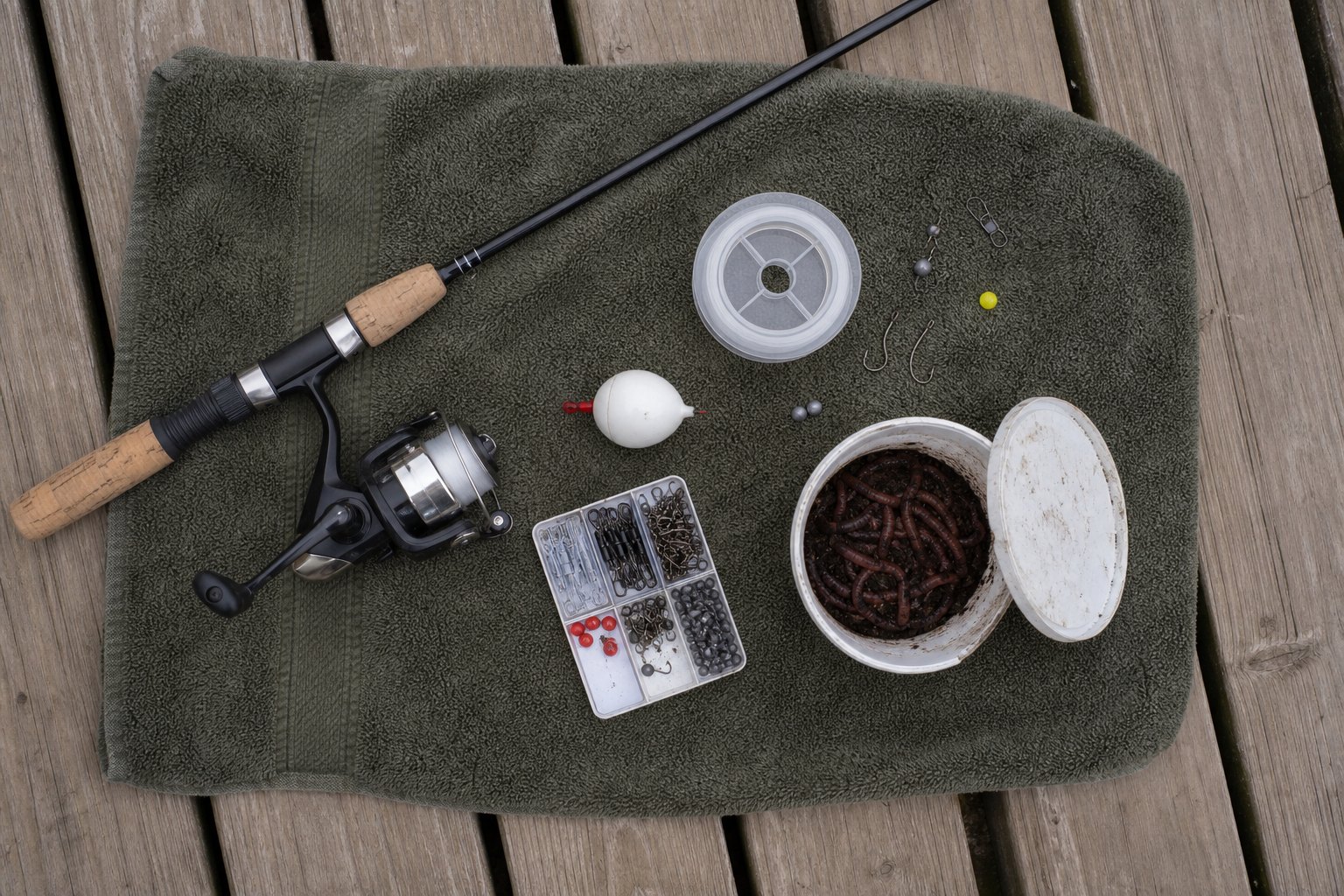 Simple fishing gear laid out on a towel: ultralight rod, reel, bobber, hooks, and worms