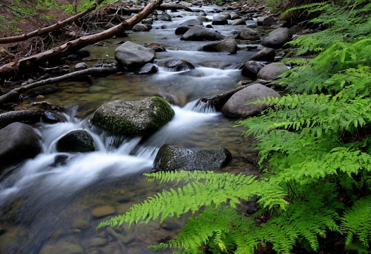 Still creek water flowing through a wooded area with smooth rocks and overhanging branches