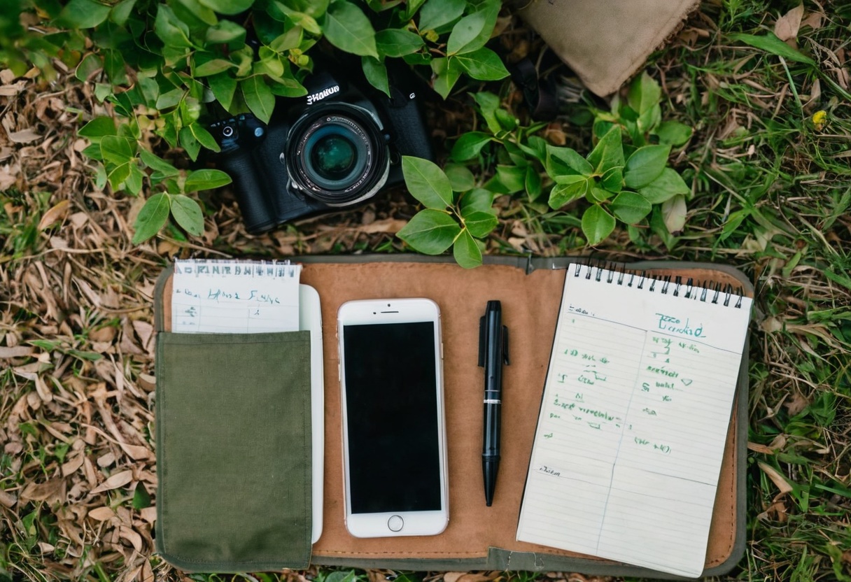 A smartphone showing a weather app laid on a fishing vest next to a notebook and pen for trip planning