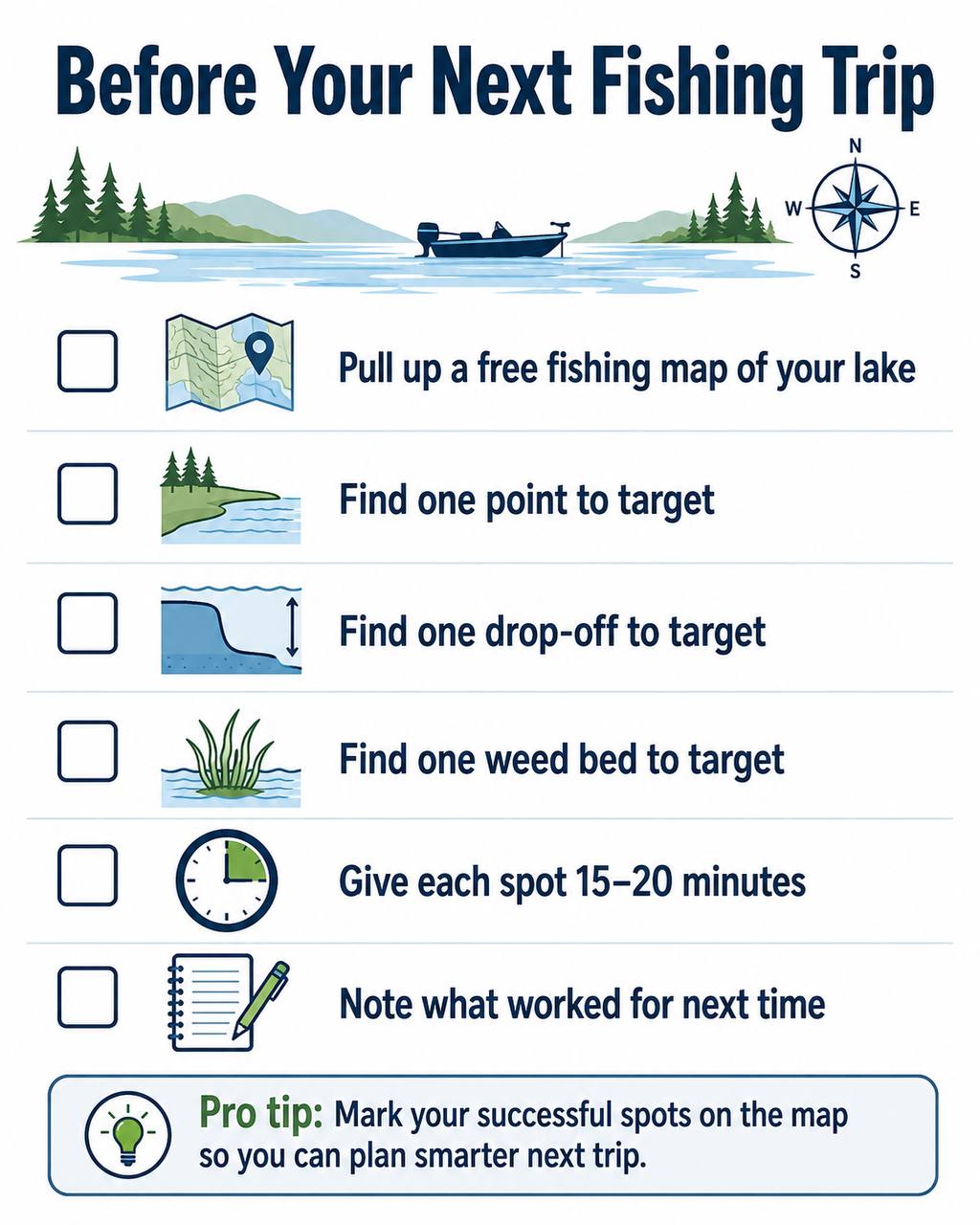 A checklist graphic for planning a fishing trip using map features