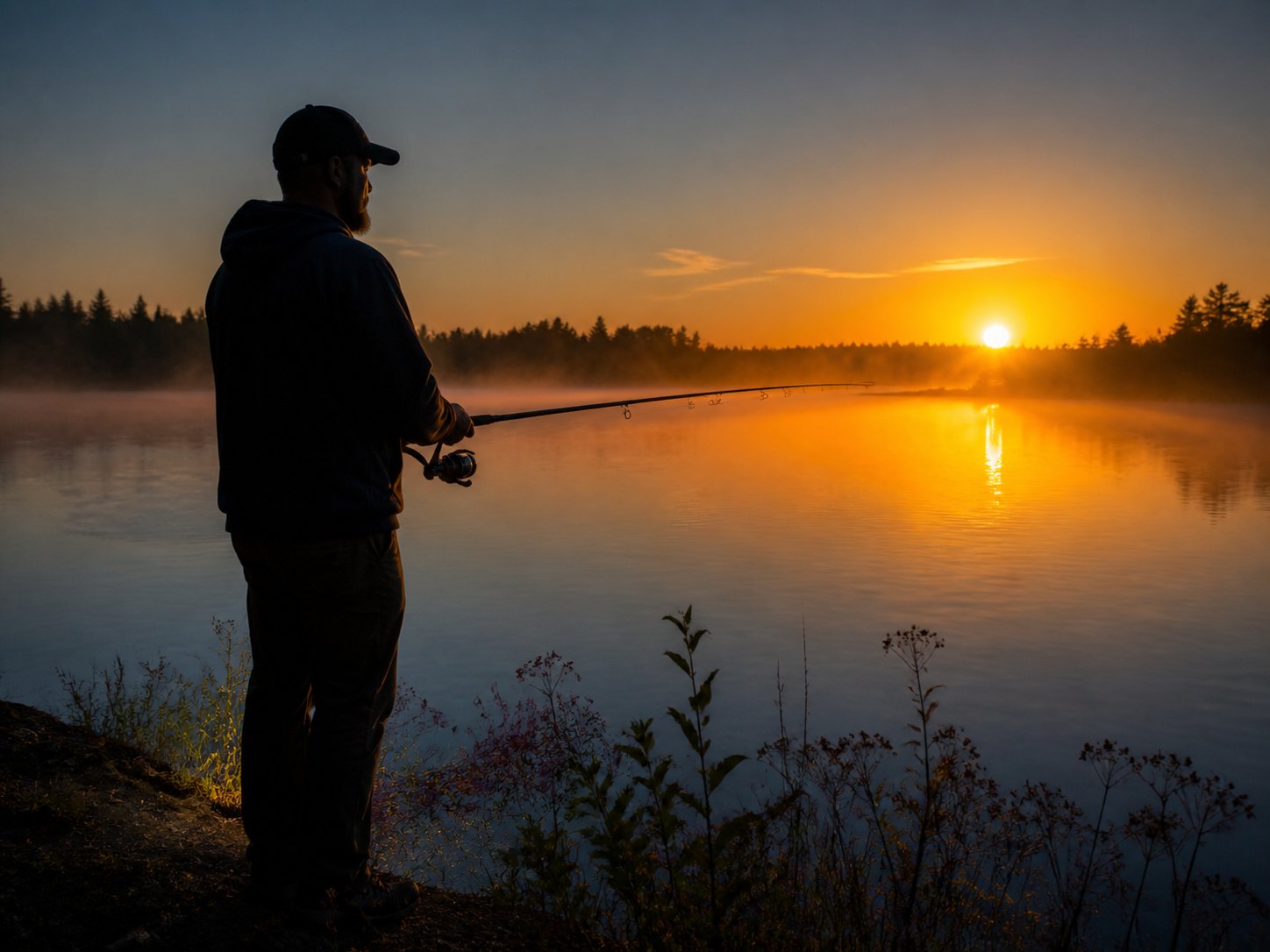 Angler fishing at sunrise with golden light reflecting on the water