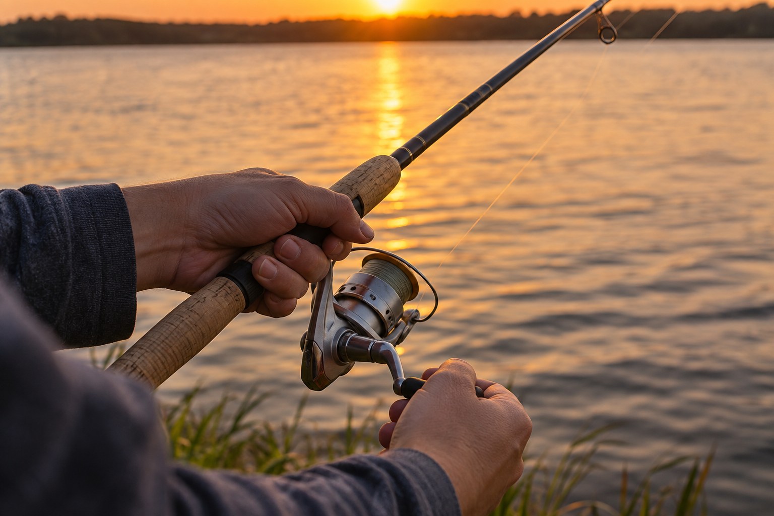 Close-up of hands turning a spinning reel handle while retrieving line off open water at golden hour