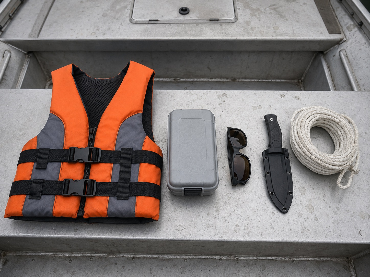 USCG-approved life jacket, first-aid kit, polarized sunglasses, and a bait knife laid out on an aluminum boat deck