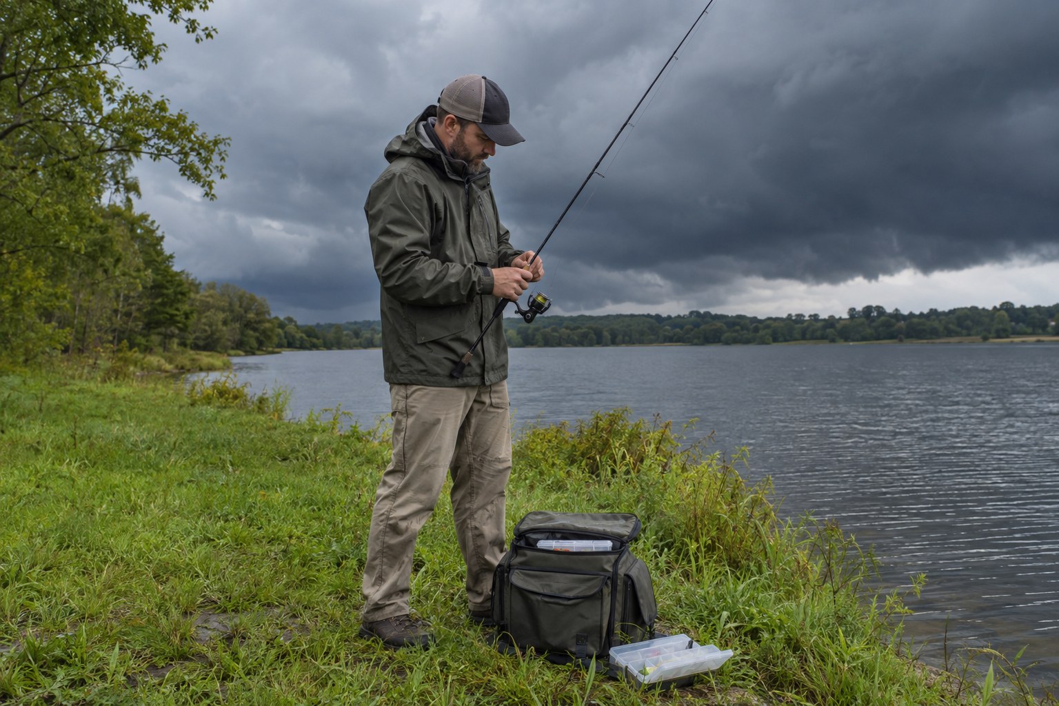 Angler packing up fishing gear as storm clouds approach